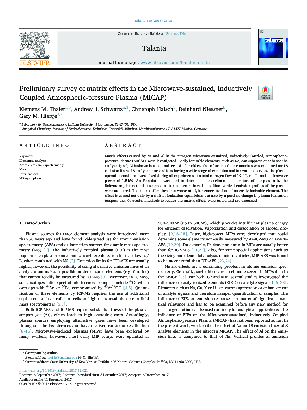 Preliminary survey of matrix effects in the Microwave-sustained, Inductively Coupled Atmospheric-pressure Plasma (MICAP)