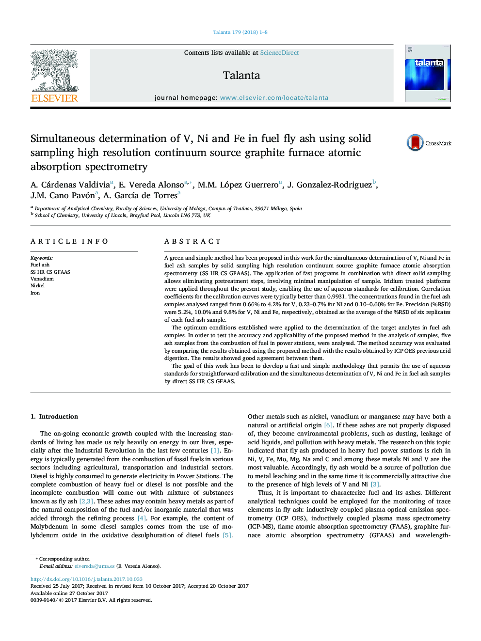 Simultaneous determination of V, Ni and Fe in fuel fly ash using solid sampling high resolution continuum source graphite furnace atomic absorption spectrometry