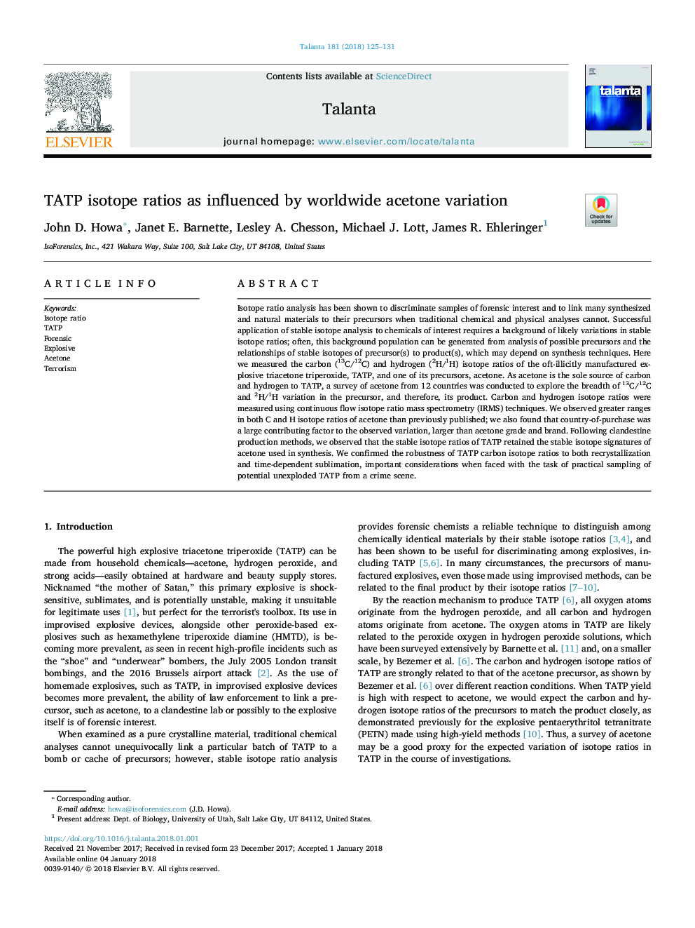 TATP isotope ratios as influenced by worldwide acetone variation