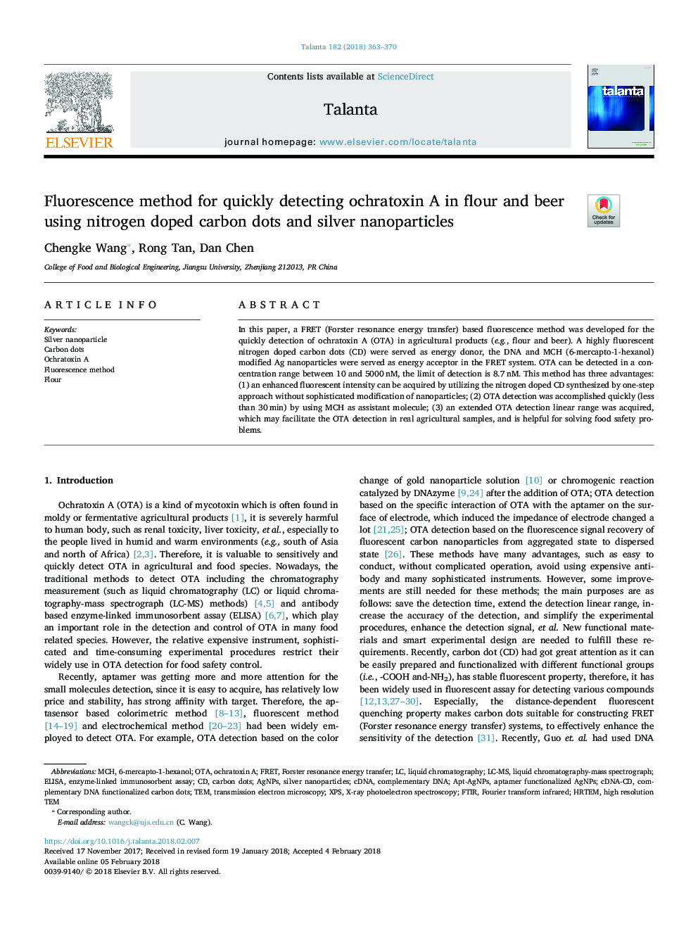 Fluorescence method for quickly detecting ochratoxin A in flour and beer using nitrogen doped carbon dots and silver nanoparticles