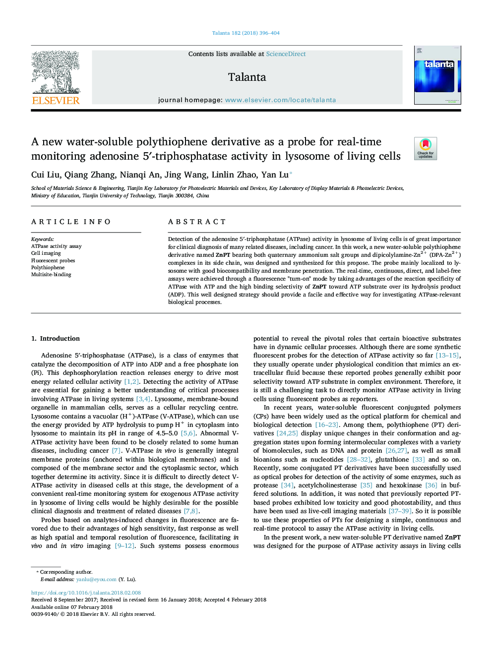 A new water-soluble polythiophene derivative as a probe for real-time monitoring adenosine 5â²-triphosphatase activity in lysosome of living cells