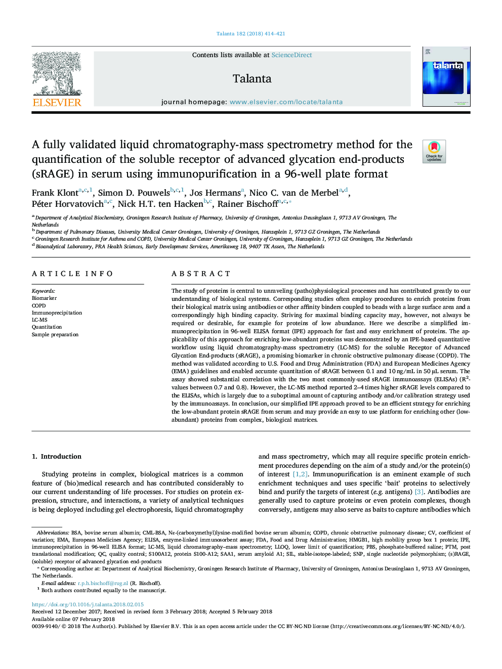 A fully validated liquid chromatography-mass spectrometry method for the quantification of the soluble receptor of advanced glycation end-products (sRAGE) in serum using immunopurification in a 96-well plate format