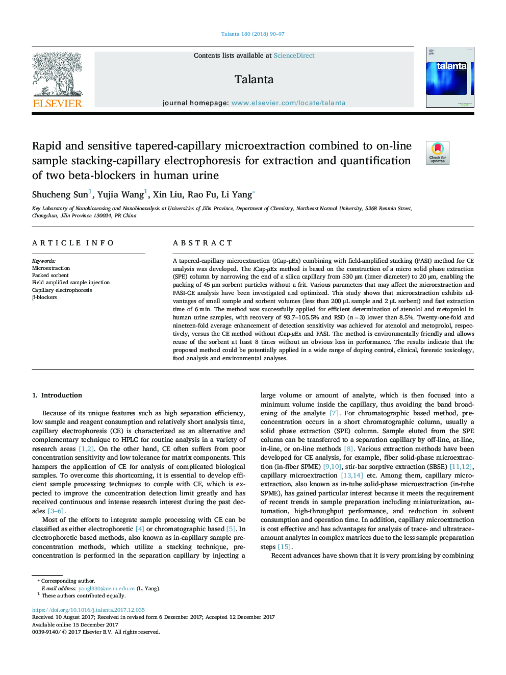 Rapid and sensitive tapered-capillary microextraction combined to on-line sample stacking-capillary electrophoresis for extraction and quantification of two beta-blockers in human urine