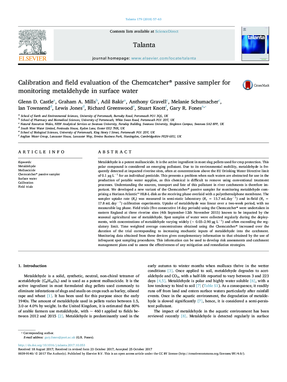 Calibration and field evaluation of the Chemcatcher® passive sampler for monitoring metaldehyde in surface water