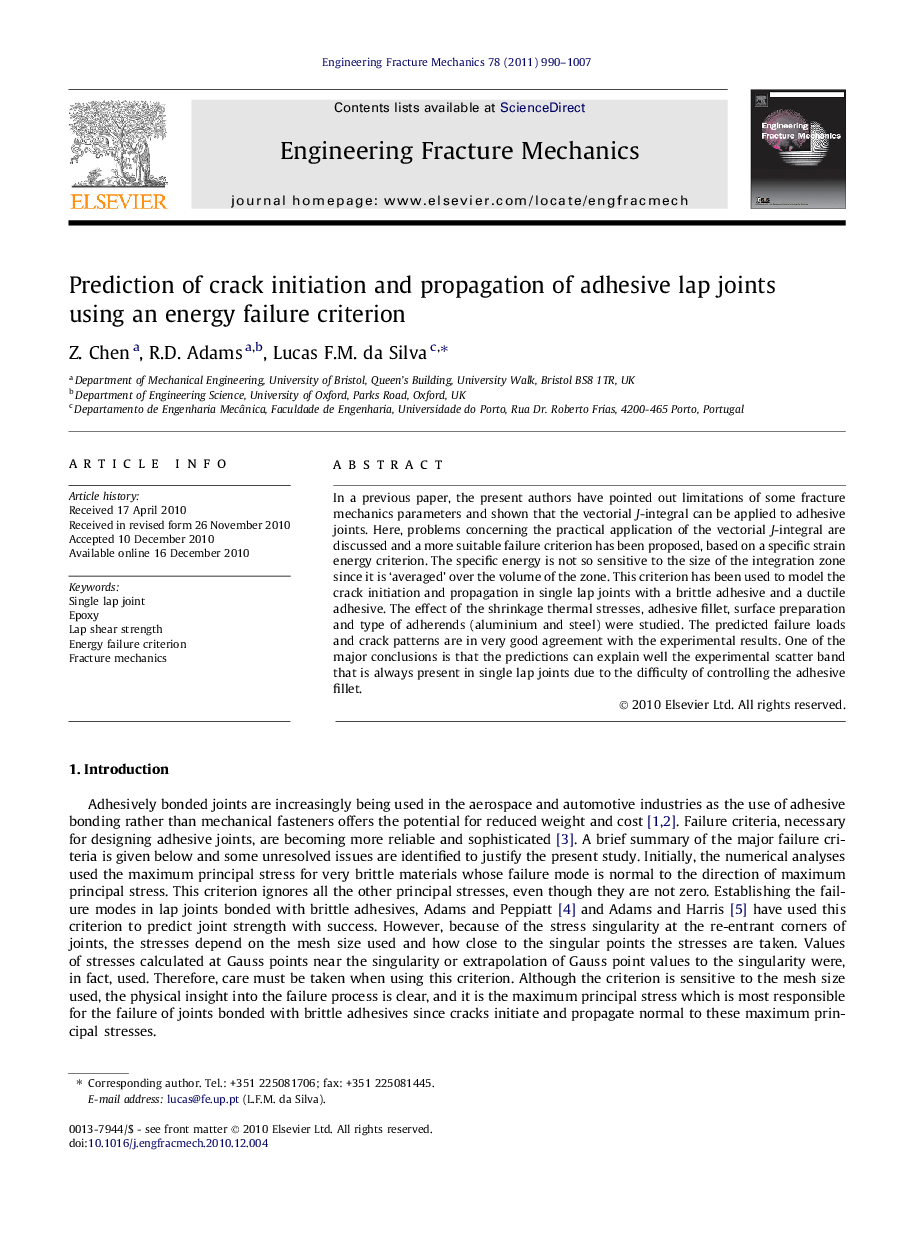 Prediction of crack initiation and propagation of adhesive lap joints using an energy failure criterion