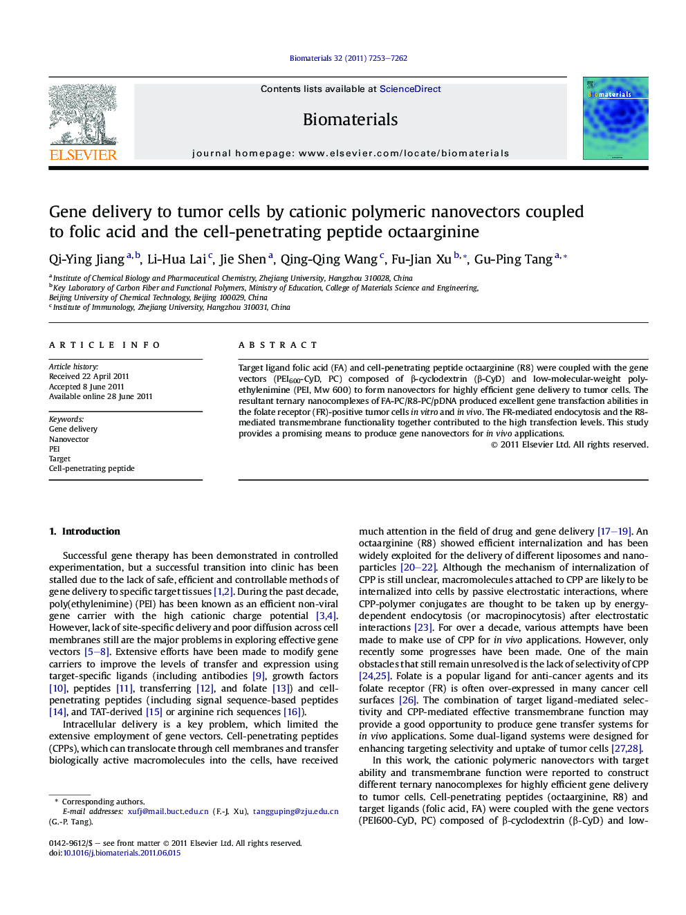 Gene delivery to tumor cells by cationic polymeric nanovectors coupled to folic acid and the cell-penetrating peptide octaarginine