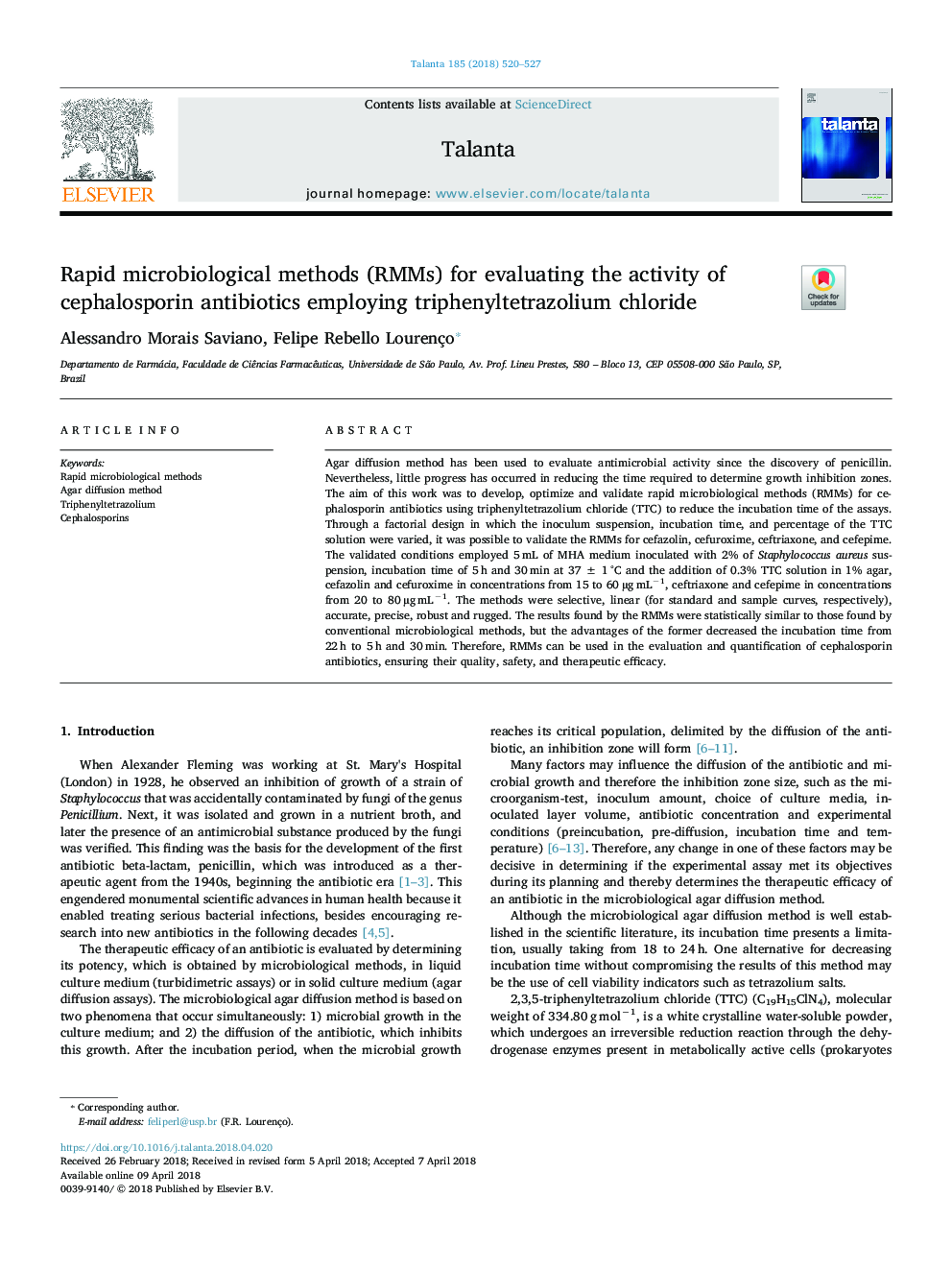 Rapid microbiological methods (RMMs) for evaluating the activity of cephalosporin antibiotics employing triphenyltetrazolium chloride