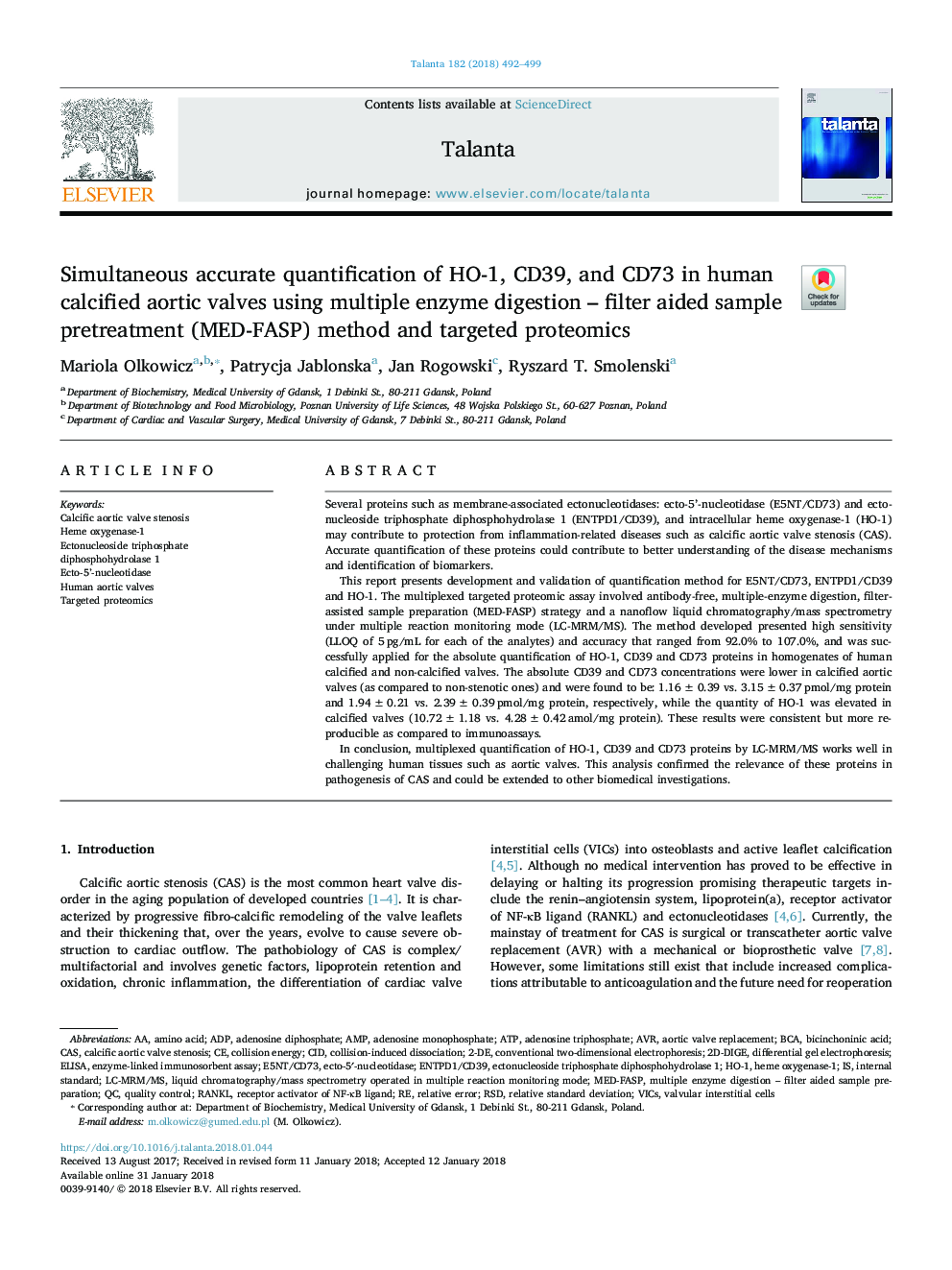 Simultaneous accurate quantification of HO-1, CD39, and CD73 in human calcified aortic valves using multiple enzyme digestion - filter aided sample pretreatment (MED-FASP) method and targeted proteomics