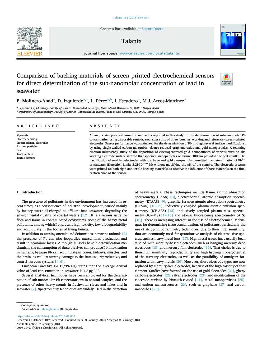 Comparison of backing materials of screen printed electrochemical sensors for direct determination of the sub-nanomolar concentration of lead in seawater