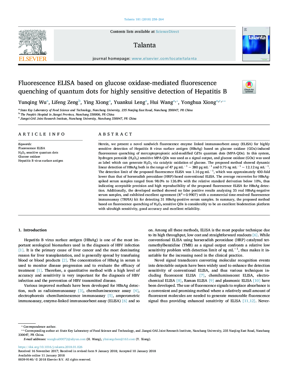 Fluorescence ELISA based on glucose oxidase-mediated fluorescence quenching of quantum dots for highly sensitive detection of Hepatitis B