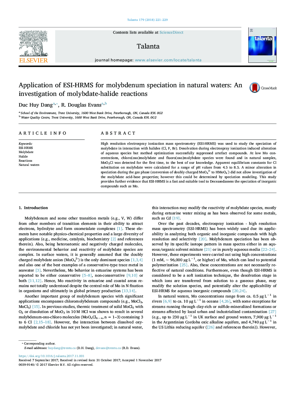 Application of ESI-HRMS for molybdenum speciation in natural waters: An investigation of molybdate-halide reactions