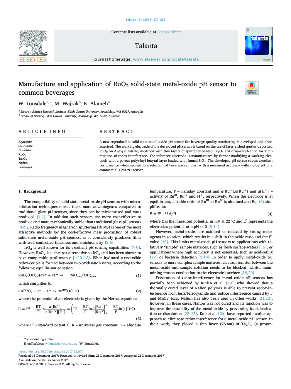 Manufacture and application of RuO2 solid-state metal-oxide pH sensor to common beverages