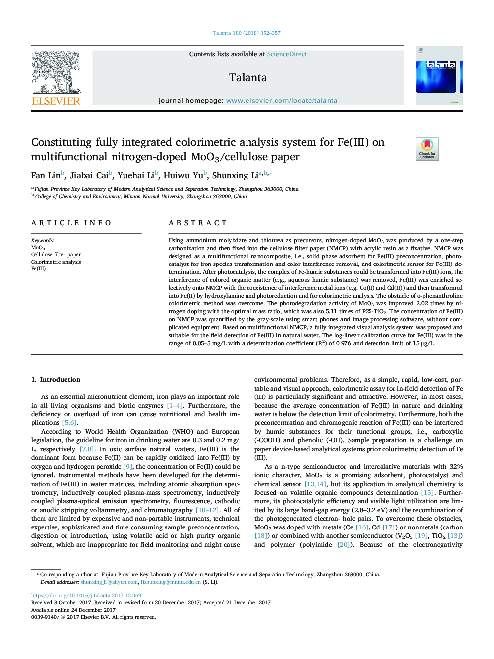 Constituting fully integrated colorimetric analysis system for Fe(III) on multifunctional nitrogen-doped MoO3/cellulose paper