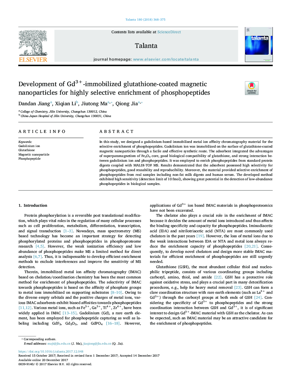 Development of Gd3+-immobilized glutathione-coated magnetic nanoparticles for highly selective enrichment of phosphopeptides