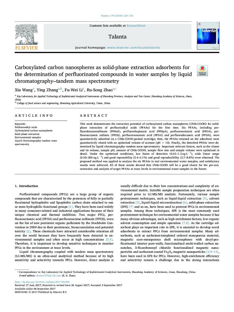 Carboxylated carbon nanospheres as solid-phase extraction adsorbents for the determination of perfluorinated compounds in water samples by liquid chromatography-tandem mass spectrometry