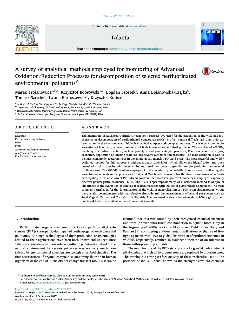 A survey of analytical methods employed for monitoring of Advanced Oxidation/Reduction Processes for decomposition of selected perfluorinated environmental pollutants