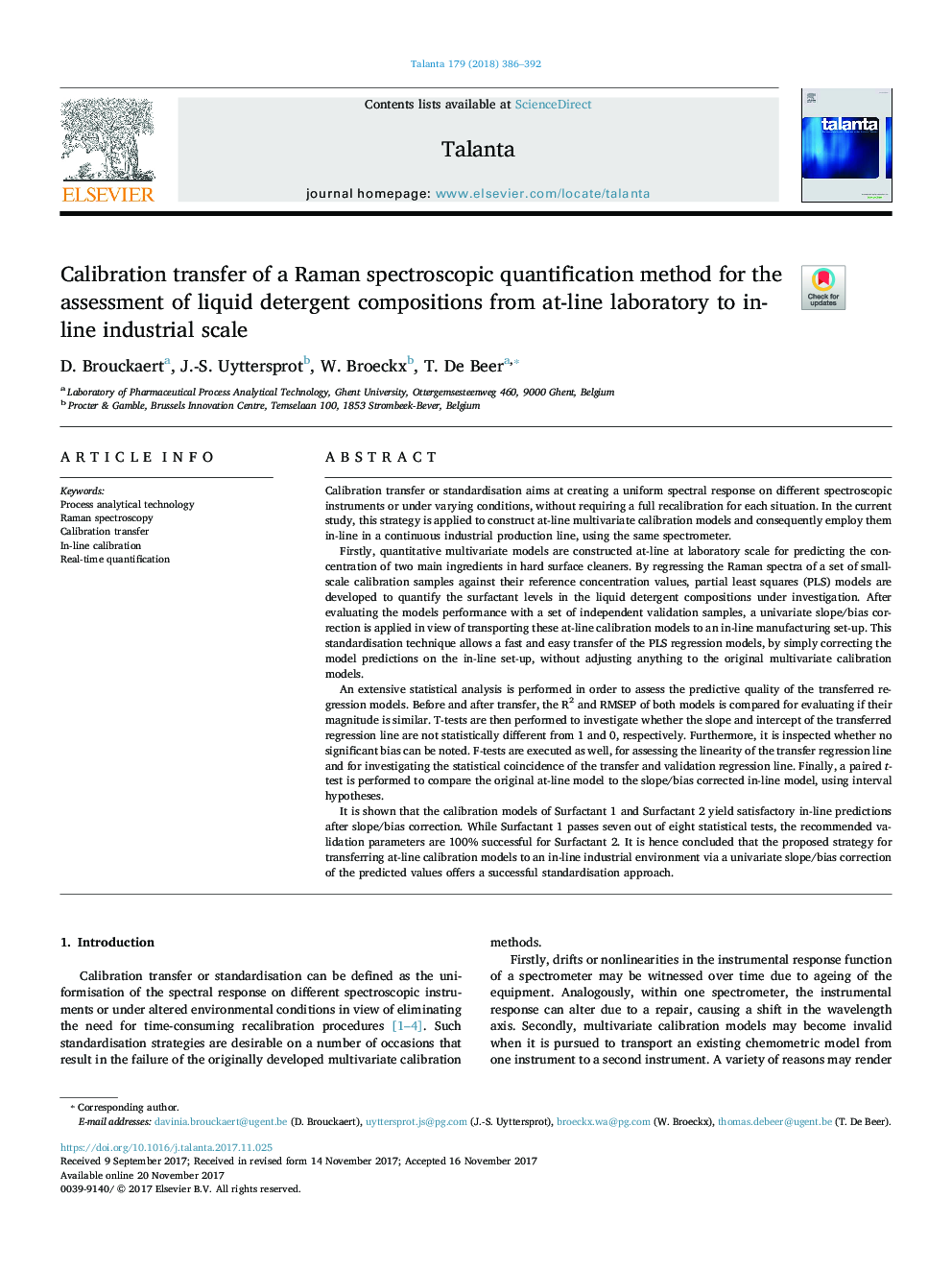 Calibration transfer of a Raman spectroscopic quantification method for the assessment of liquid detergent compositions from at-line laboratory to in-line industrial scale