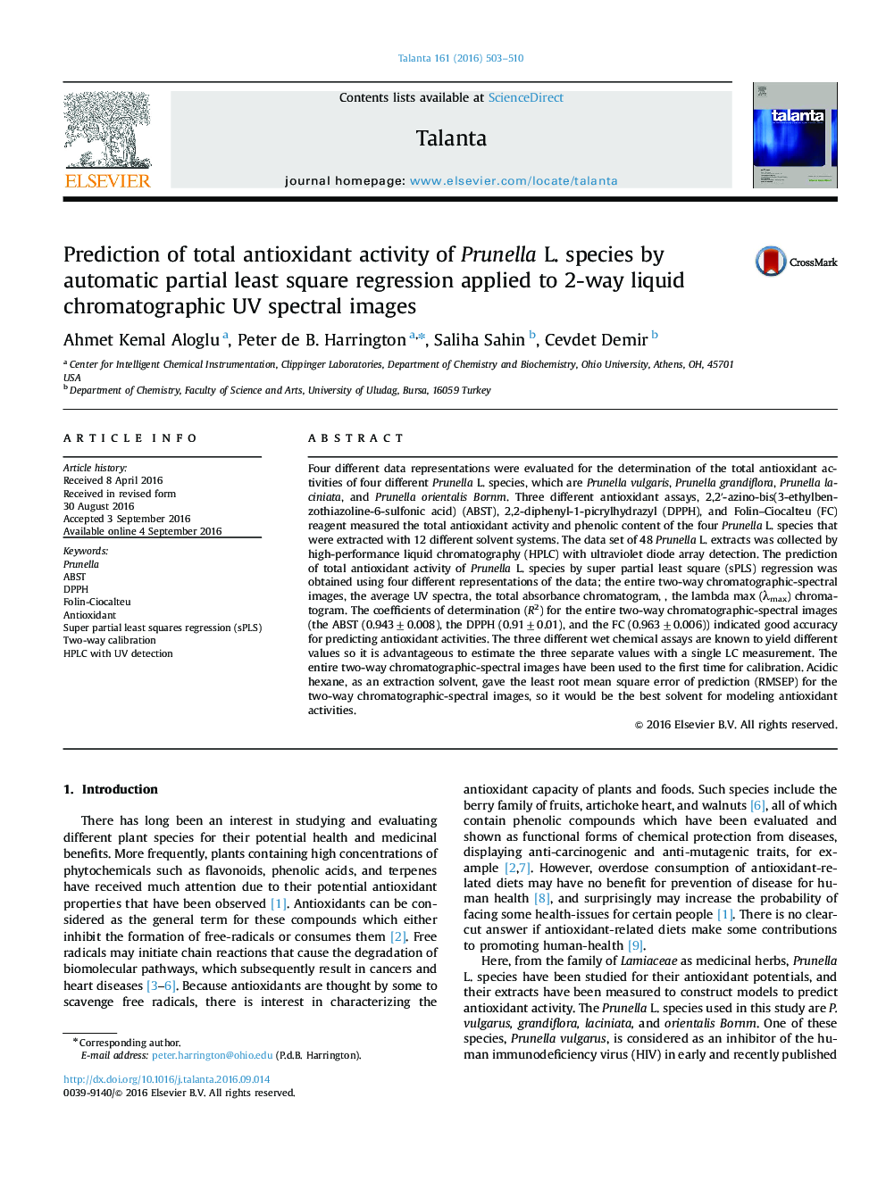 Prediction of total antioxidant activity of Prunella L. species by automatic partial least square regression applied to 2-way liquid chromatographic UV spectral images