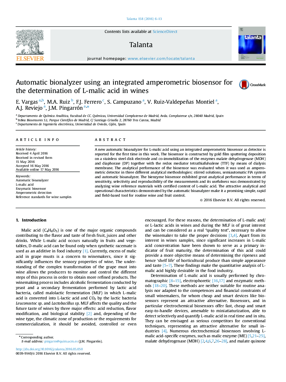 Automatic bionalyzer using an integrated amperometric biosensor for the determination of L-malic acid in wines