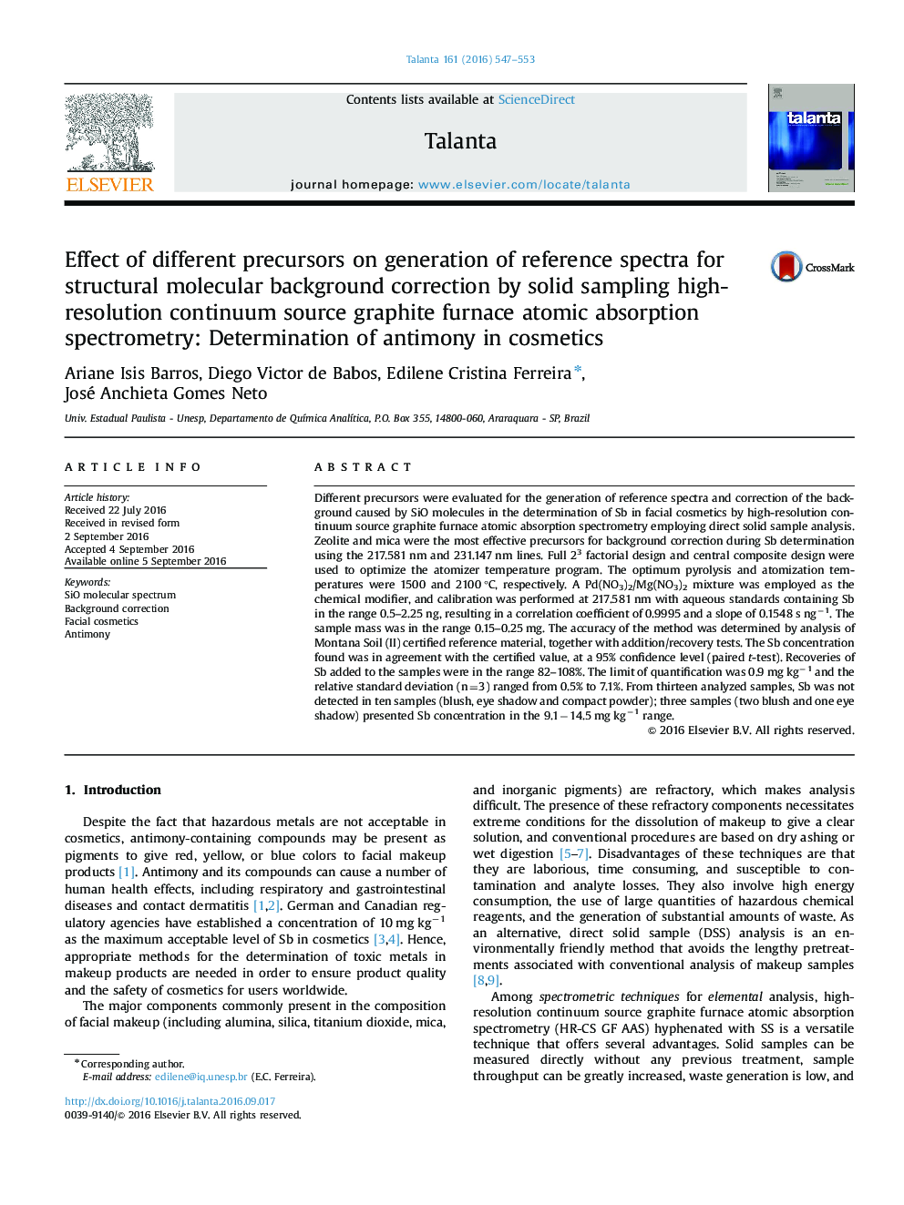 Effect of different precursors on generation of reference spectra for structural molecular background correction by solid sampling high-resolution continuum source graphite furnace atomic absorption spectrometry: Determination of antimony in cosmetics