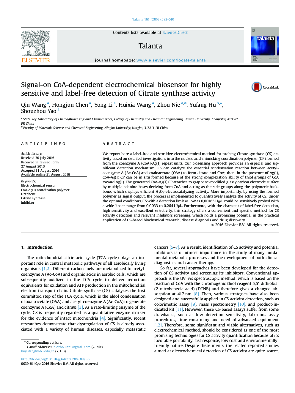 Signal-on CoA-dependent electrochemical biosensor for highly sensitive and label-free detection of Citrate synthase activity