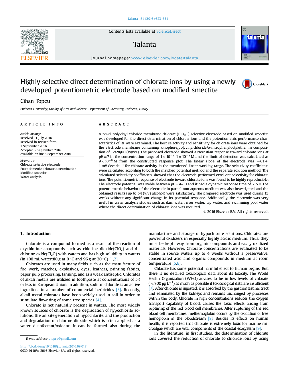 Highly selective direct determination of chlorate ions by using a newly developed potentiometric electrode based on modified smectite