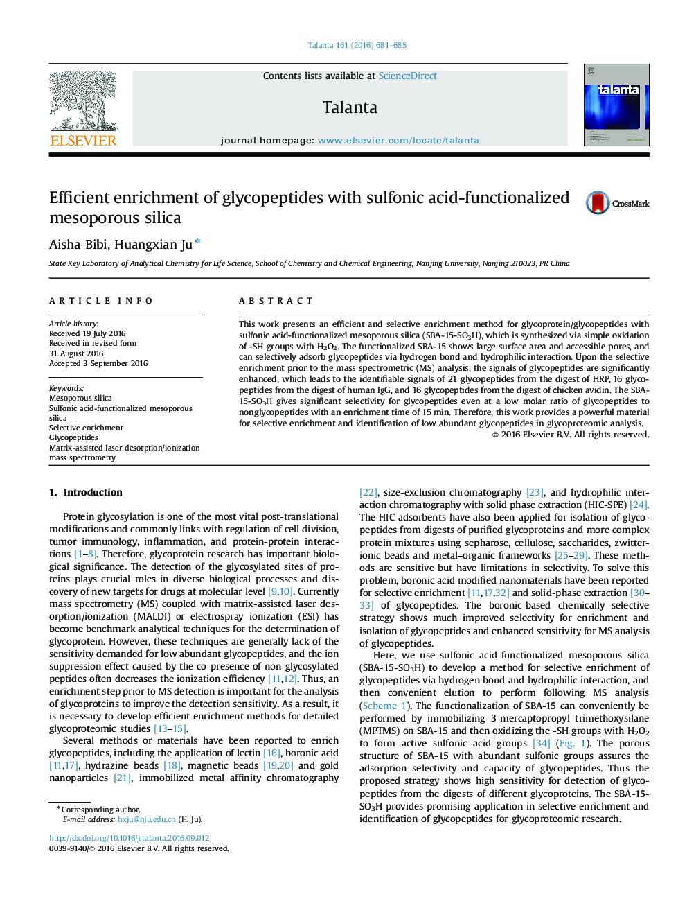 Efficient enrichment of glycopeptides with sulfonic acid-functionalized mesoporous silica