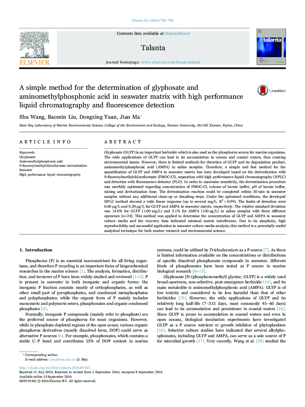 A simple method for the determination of glyphosate and aminomethylphosphonic acid in seawater matrix with high performance liquid chromatography and fluorescence detection