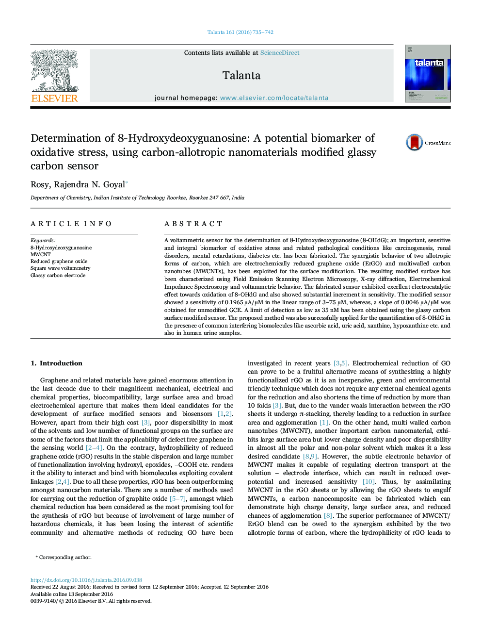 Determination of 8-Hydroxydeoxyguanosine: A potential biomarker of oxidative stress, using carbon-allotropic nanomaterials modified glassy carbon sensor