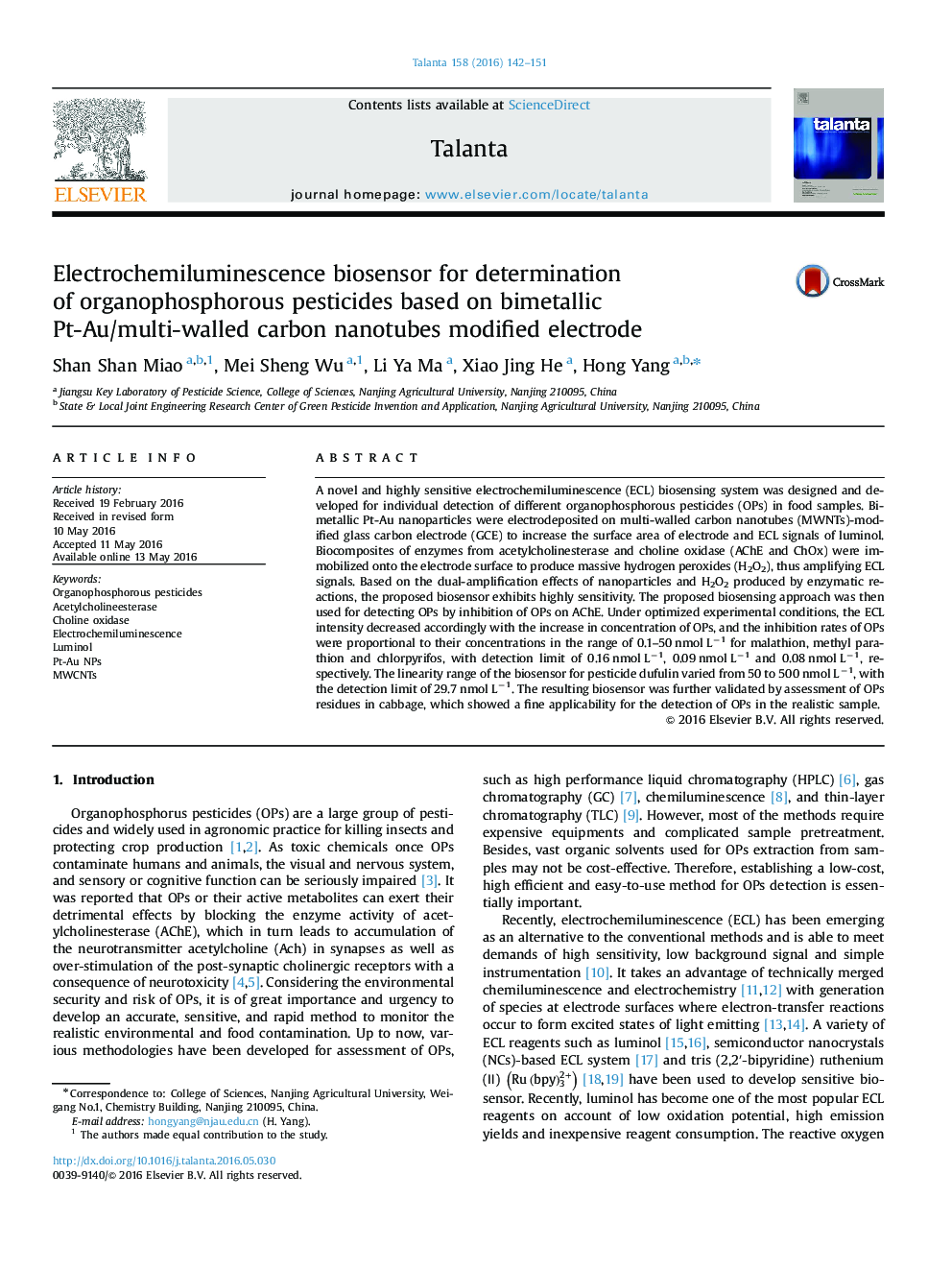 Electrochemiluminescence biosensor for determination of organophosphorous pesticides based on bimetallic Pt-Au/multi-walled carbon nanotubes modified electrode