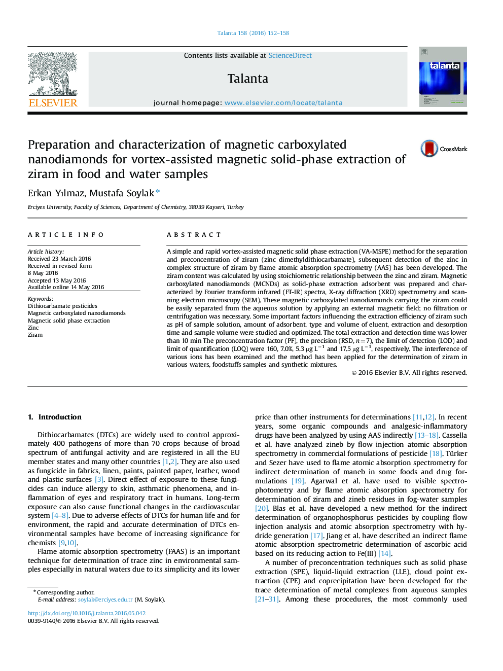 Preparation and characterization of magnetic carboxylated nanodiamonds for vortex-assisted magnetic solid-phase extraction of ziram in food and water samples