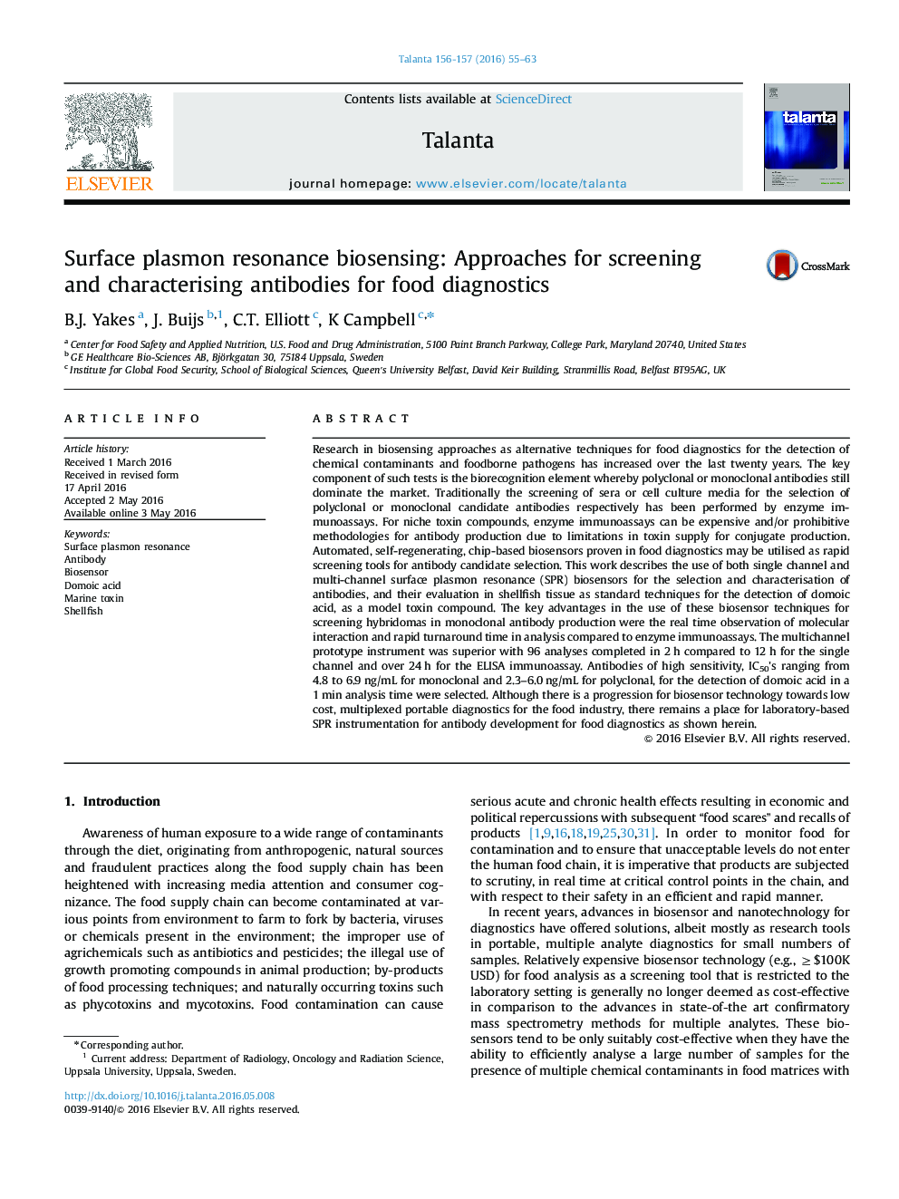Surface plasmon resonance biosensing: Approaches for screening and characterising antibodies for food diagnostics