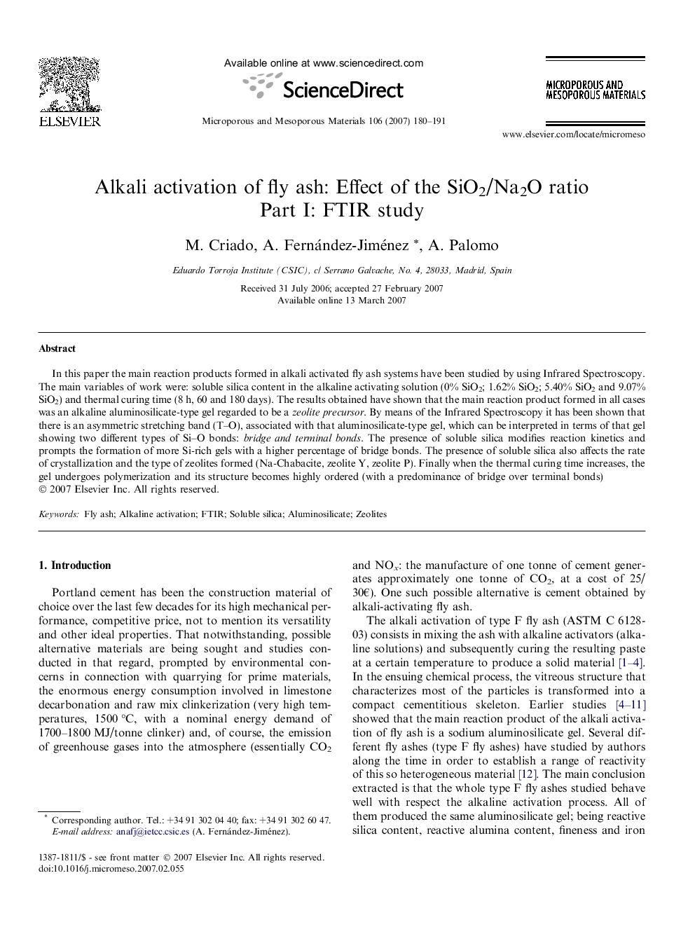 Alkali activation of fly ash: Effect of the SiO2/Na2O ratio: Part I: FTIR study