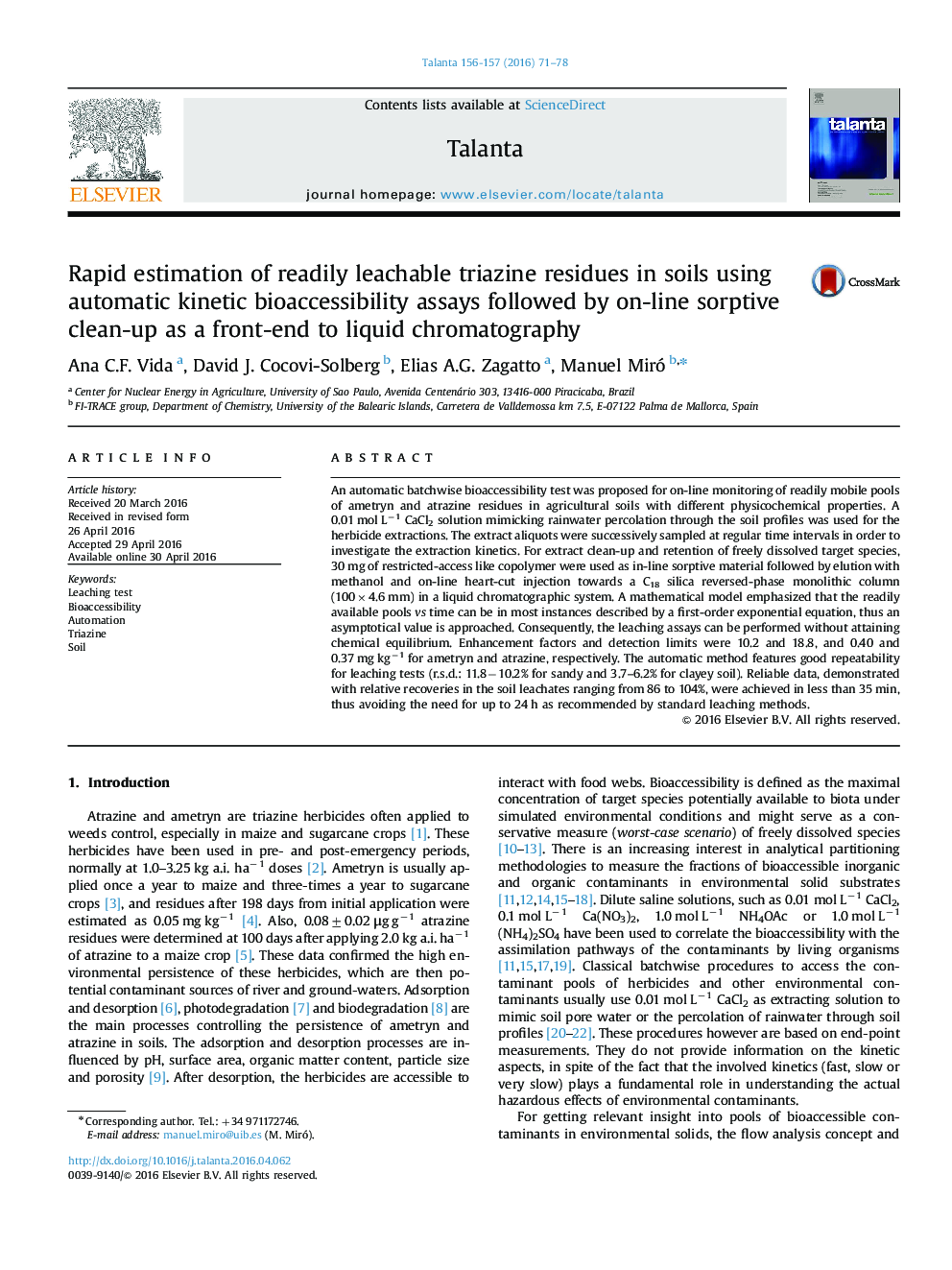 Rapid estimation of readily leachable triazine residues in soils using automatic kinetic bioaccessibility assays followed by on-line sorptive clean-up as a front-end to liquid chromatography