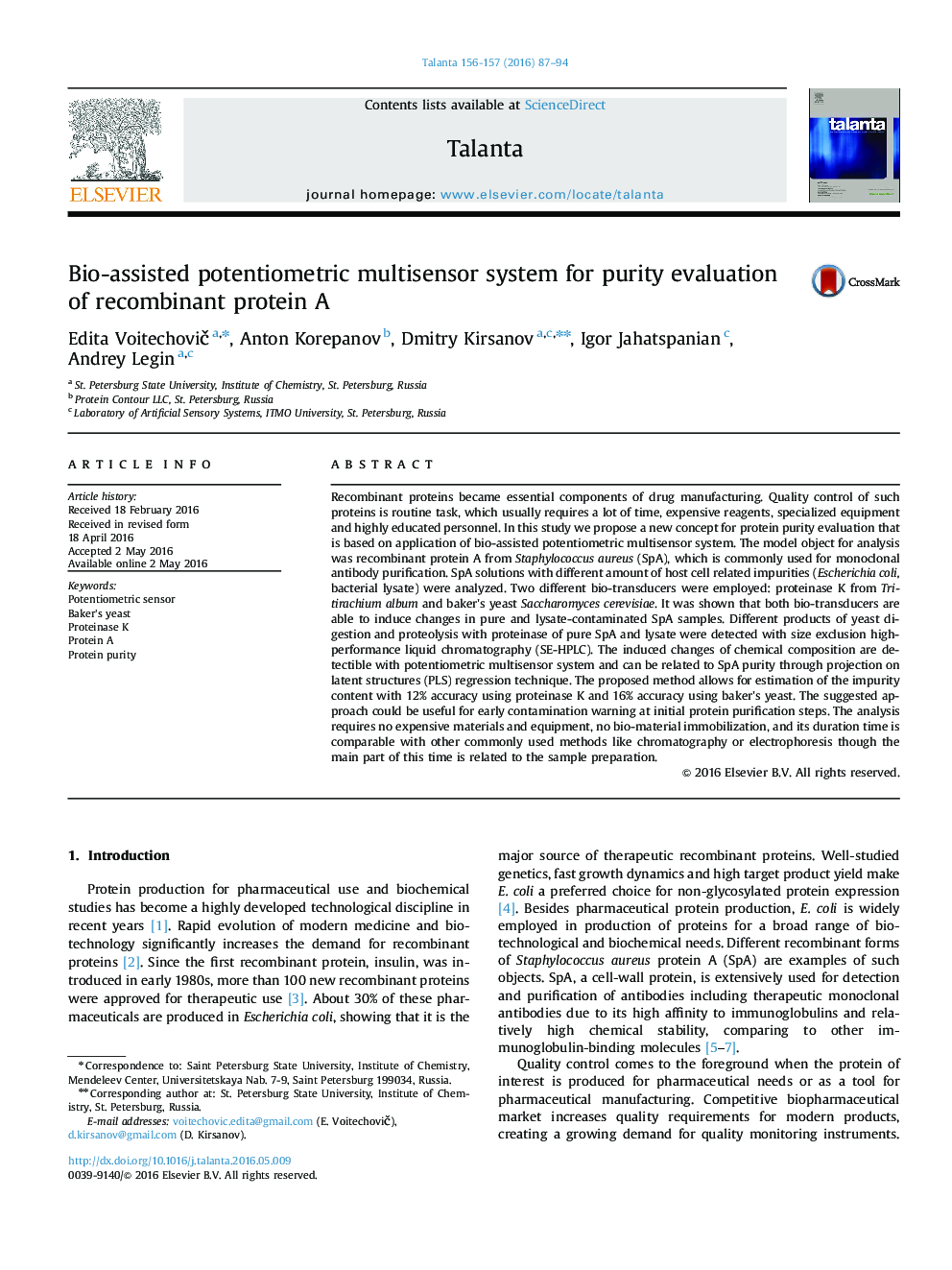 Bio-assisted potentiometric multisensor system for purity evaluation of recombinant protein A