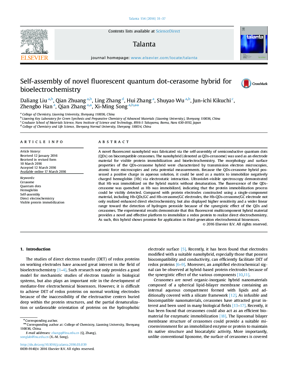 Self-assembly of novel fluorescent quantum dot-cerasome hybrid for bioelectrochemistry