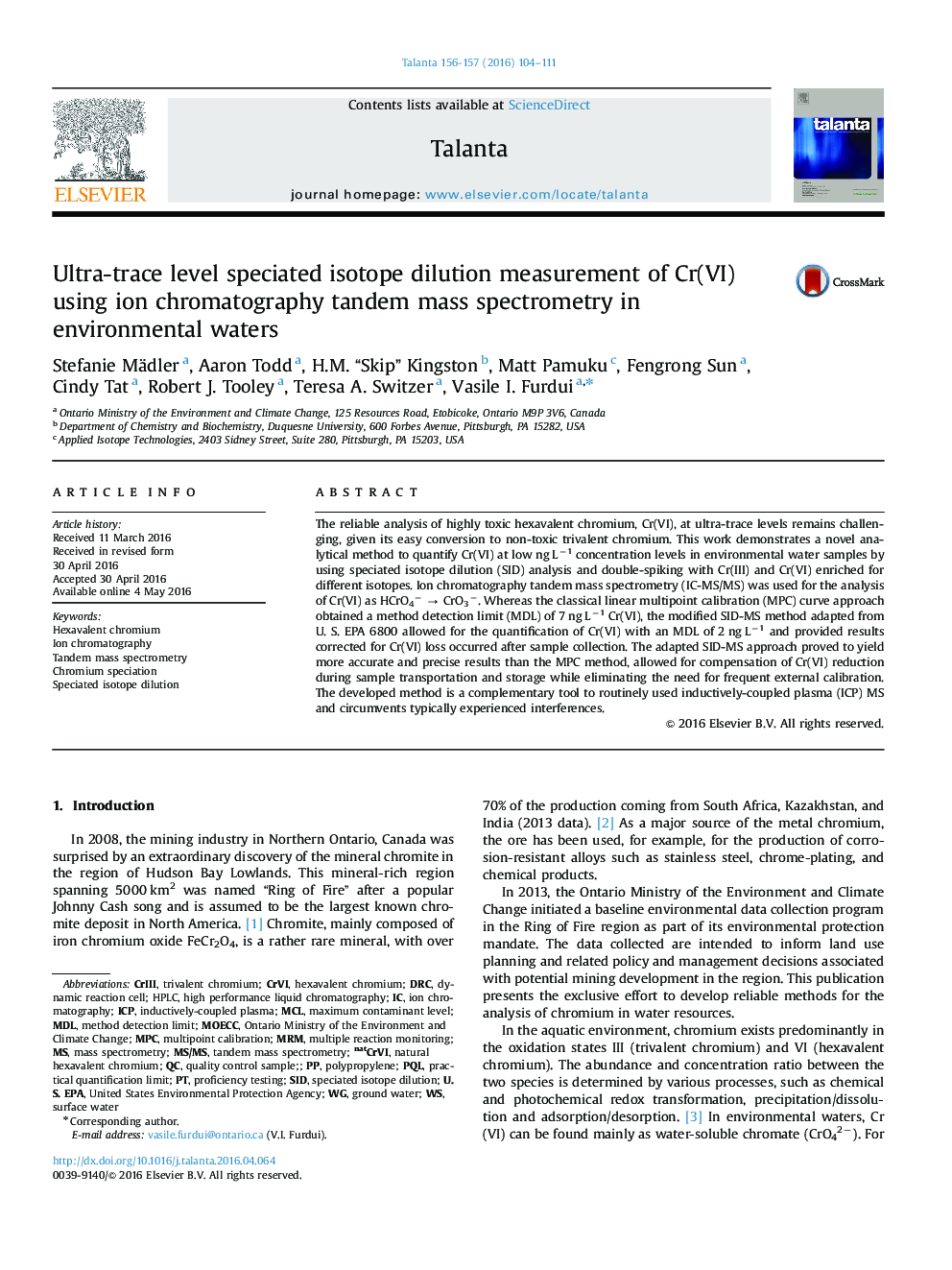 Ultra-trace level speciated isotope dilution measurement of Cr(VI) using ion chromatography tandem mass spectrometry in environmental waters