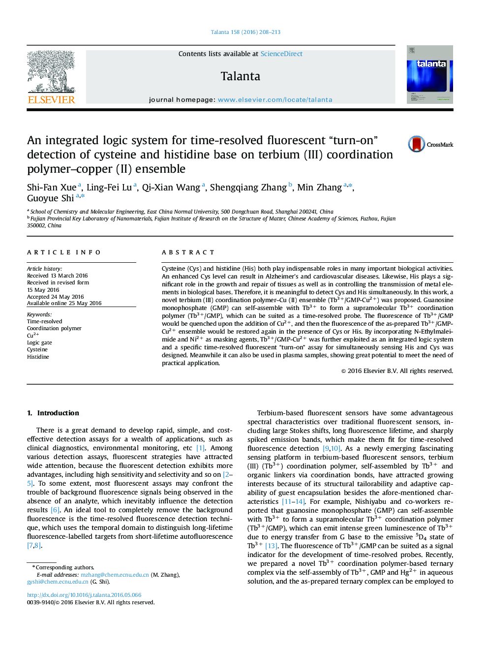 An integrated logic system for time-resolved fluorescent “turn-on” detection of cysteine and histidine base on terbium (III) coordination polymer-copper (II) ensemble