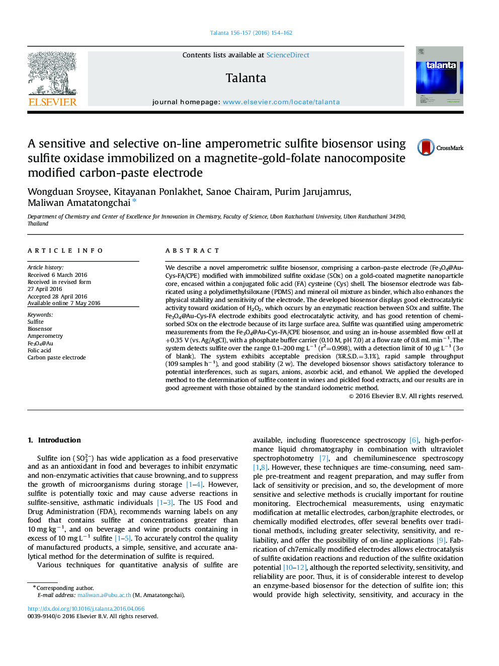 A sensitive and selective on-line amperometric sulfite biosensor using sulfite oxidase immobilized on a magnetite-gold-folate nanocomposite modified carbon-paste electrode