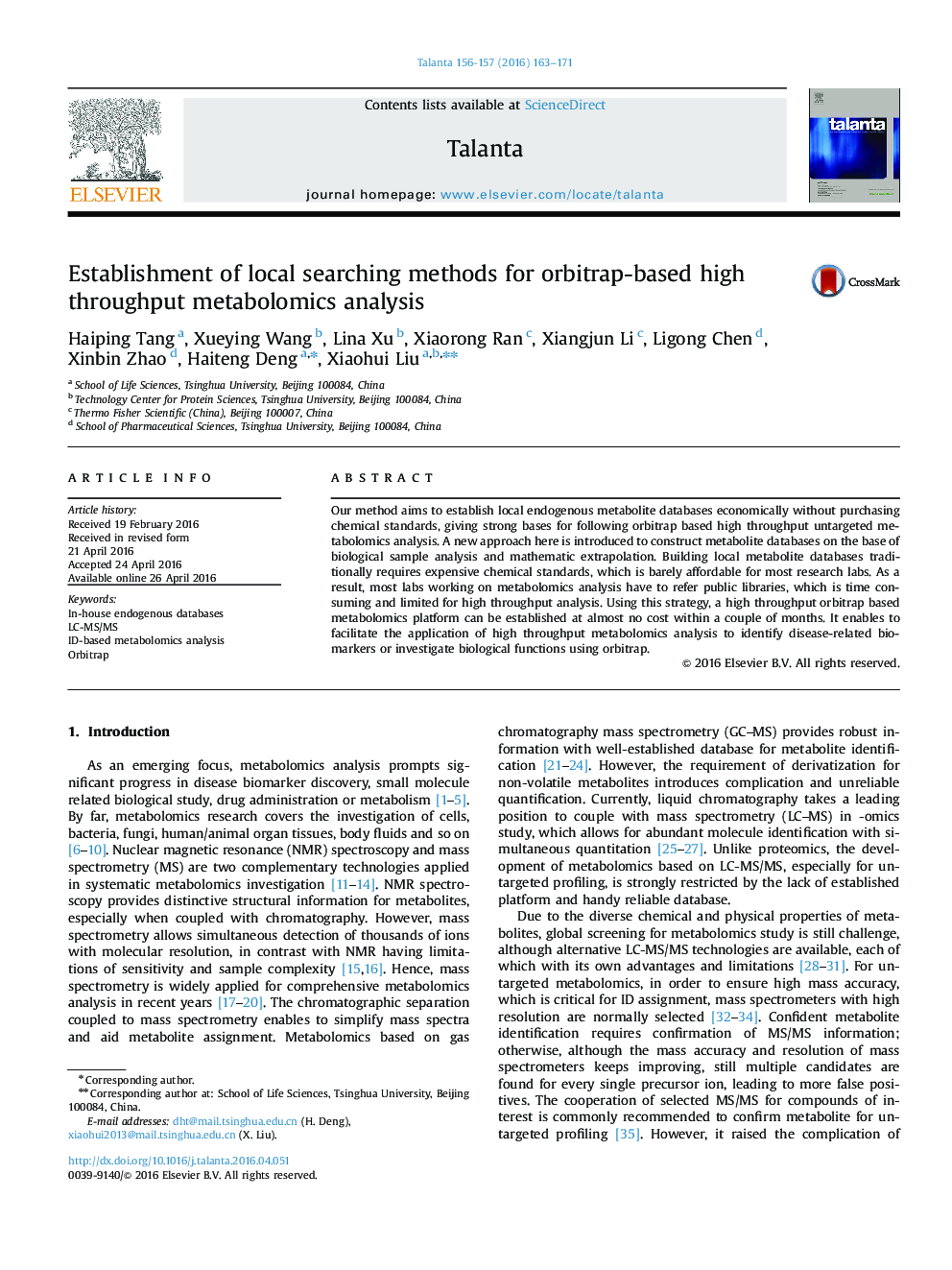 Establishment of local searching methods for orbitrap-based high throughput metabolomics analysis