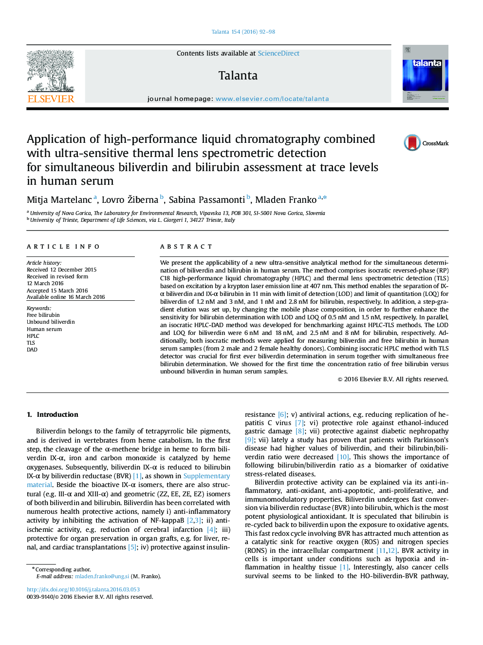 Application of high-performance liquid chromatography combined with ultra-sensitive thermal lens spectrometric detection for simultaneous biliverdin and bilirubin assessment at trace levels in human serum