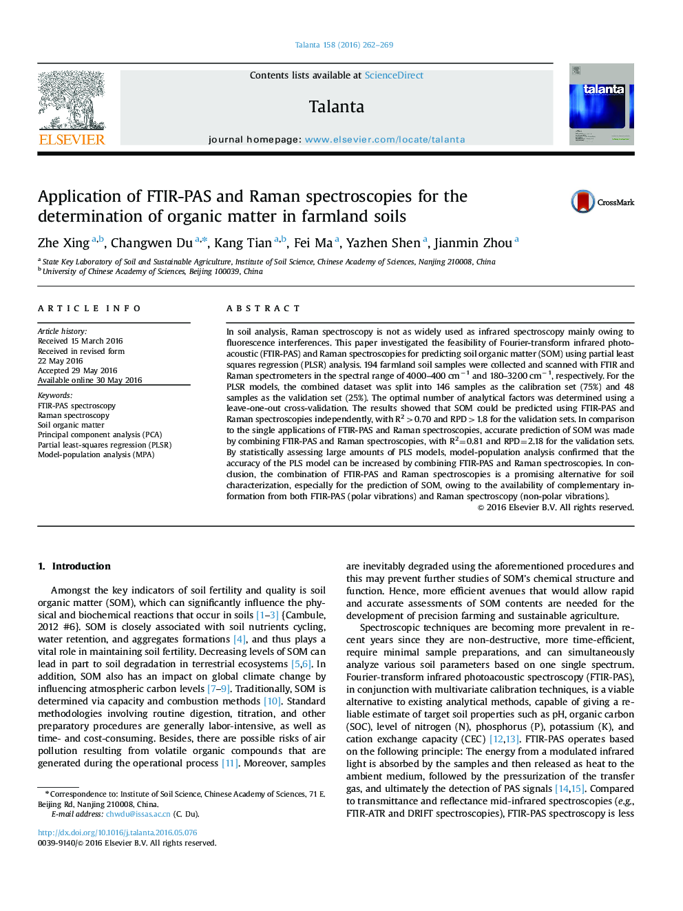 Application of FTIR-PAS and Raman spectroscopies for the determination of organic matter in farmland soils