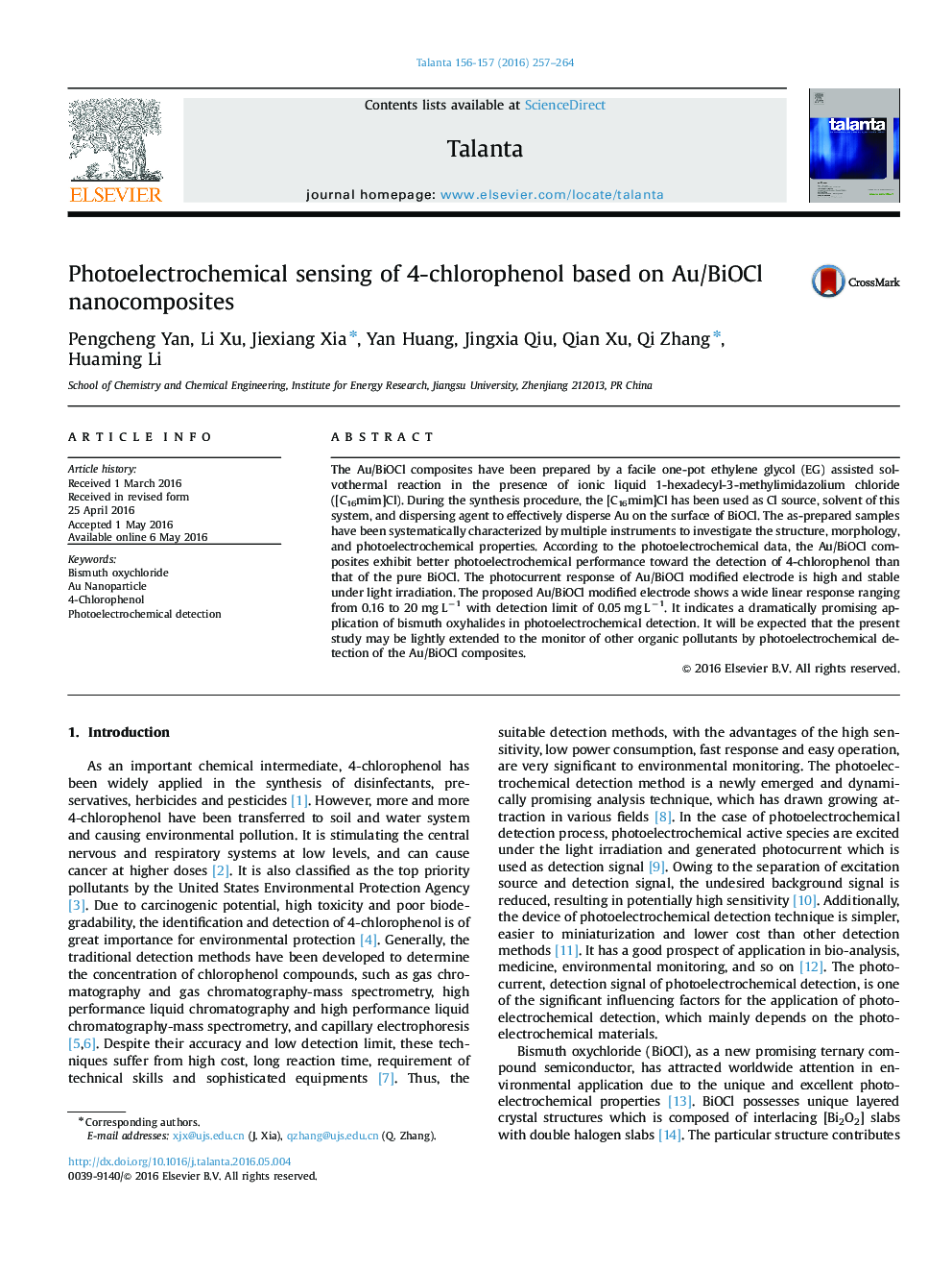 Photoelectrochemical sensing of 4-chlorophenol based on Au/BiOCl nanocomposites