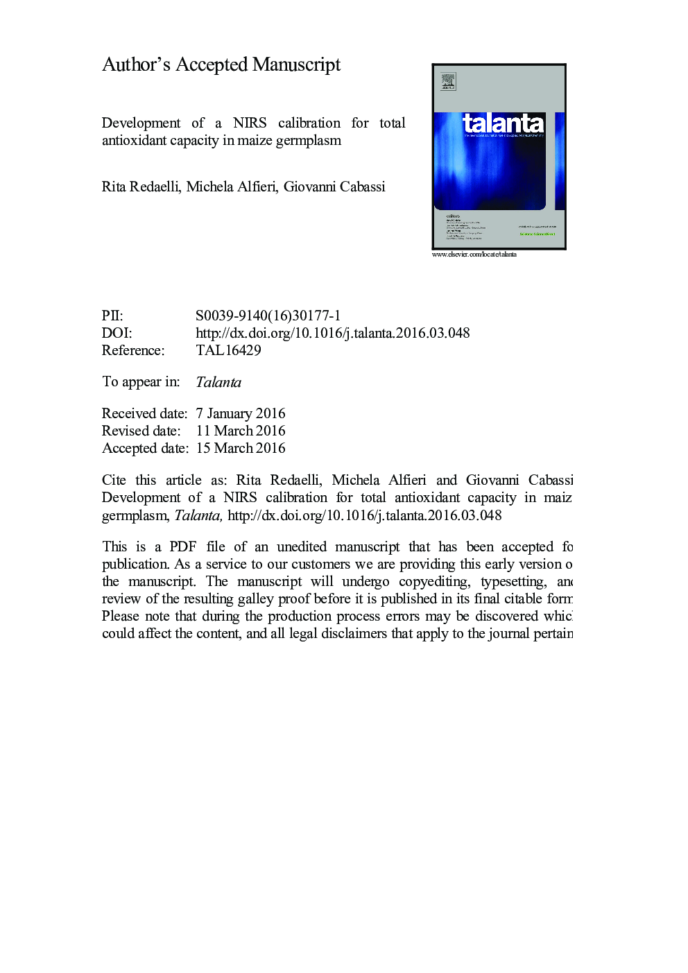 Development of a NIRS calibration for total antioxidant capacity in maize germplasm