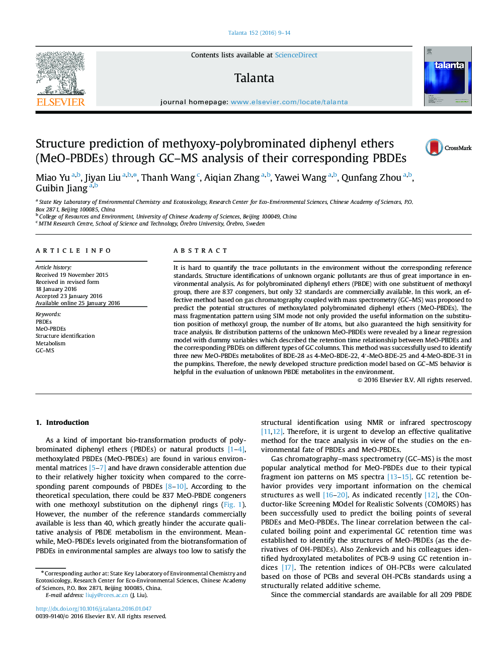 Structure prediction of methyoxy-polybrominated diphenyl ethers (MeO-PBDEs) through GC-MS analysis of their corresponding PBDEs