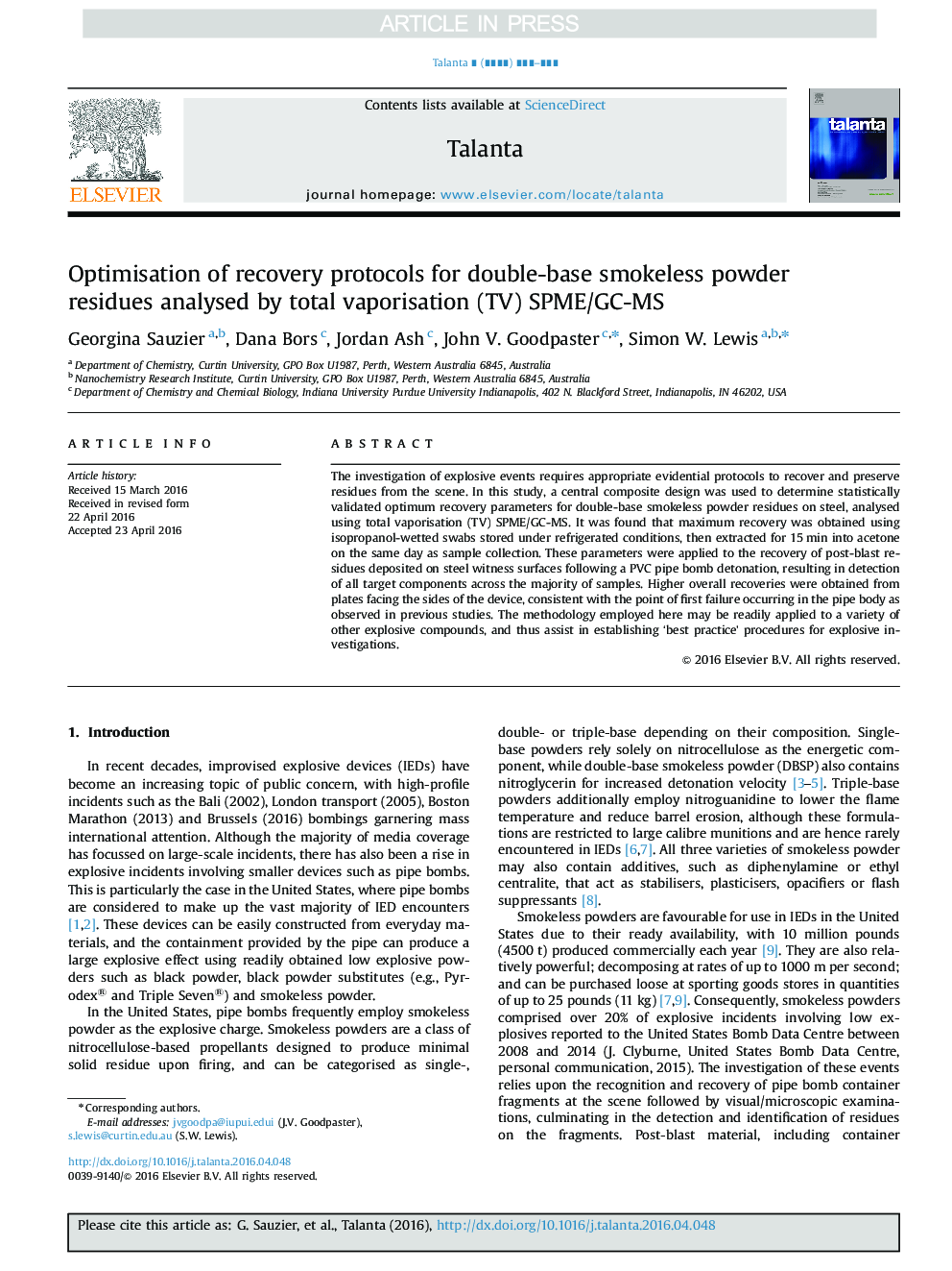 Optimisation of recovery protocols for double-base smokeless powder residues analysed by total vaporisation (TV) SPME/GC-MS