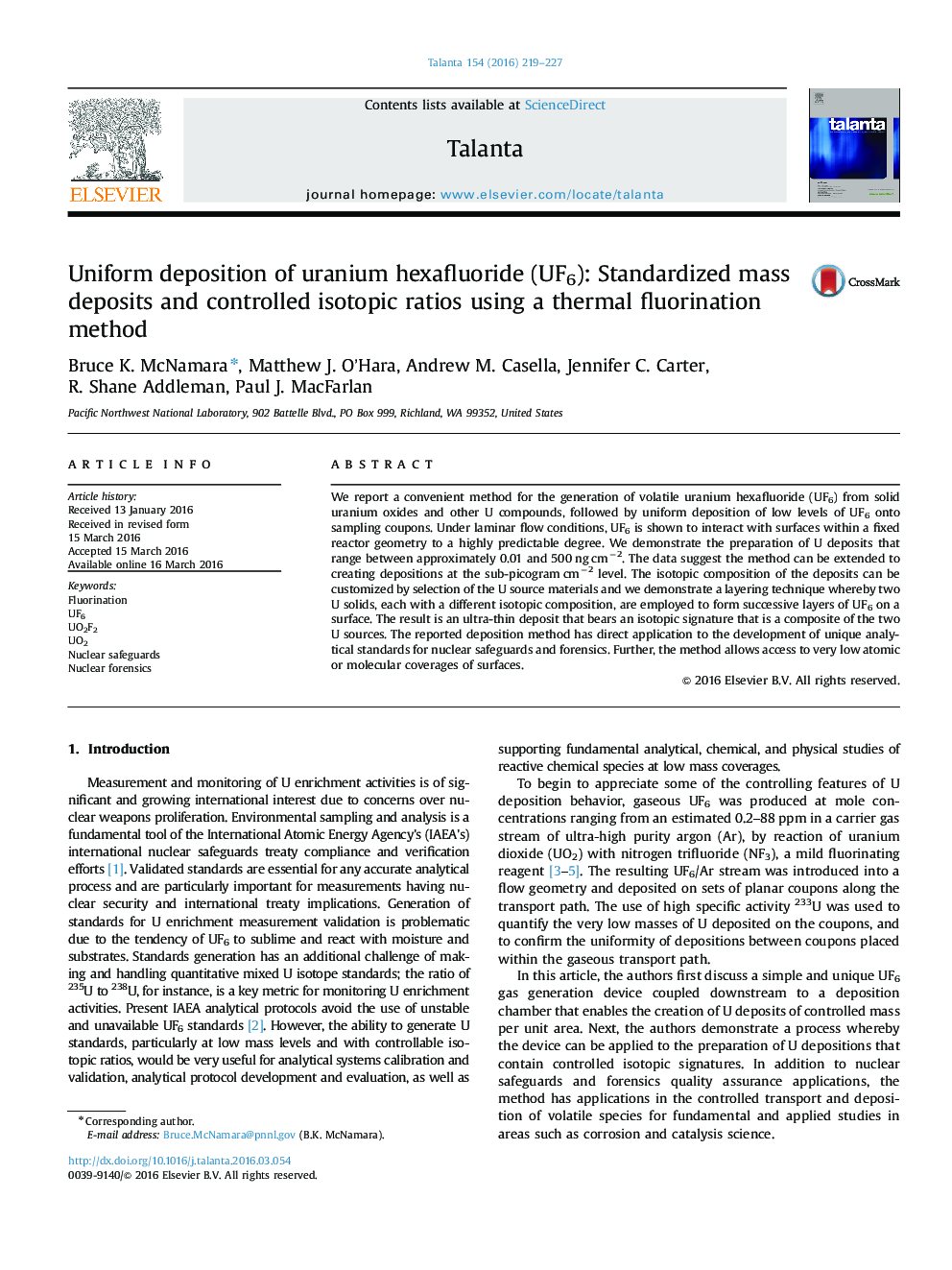 Uniform deposition of uranium hexafluoride (UF6): Standardized mass deposits and controlled isotopic ratios using a thermal fluorination method