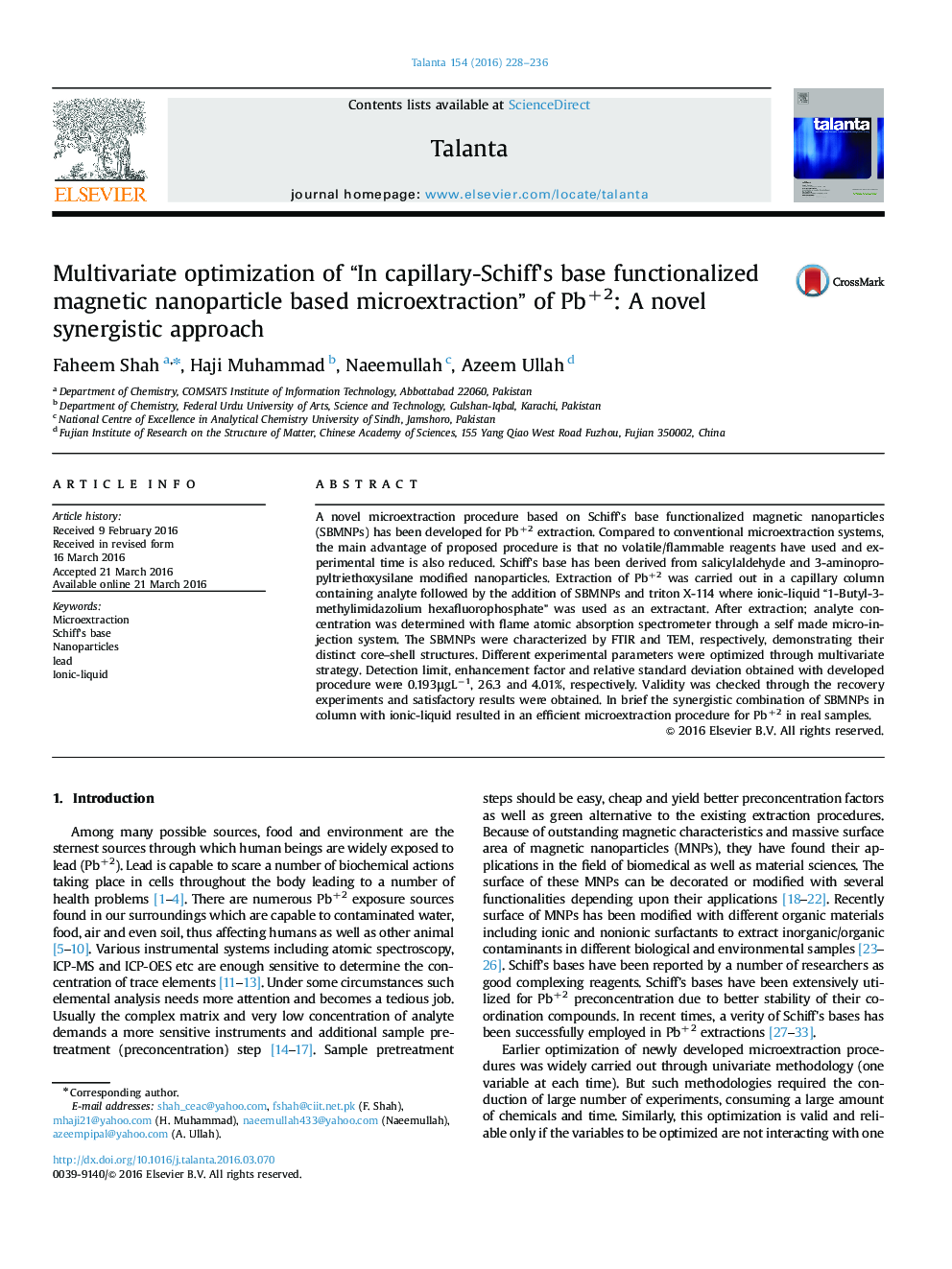 Multivariate optimization of “In capillary-Schiff's base functionalized magnetic nanoparticle based microextraction” of Pb+2: A novel synergistic approach