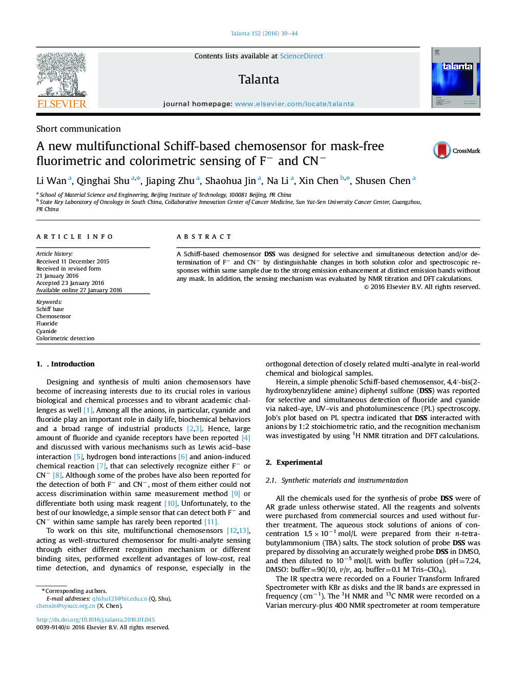 A new multifunctional Schiff-based chemosensor for mask-free fluorimetric and colorimetric sensing of Fâ and CNâ