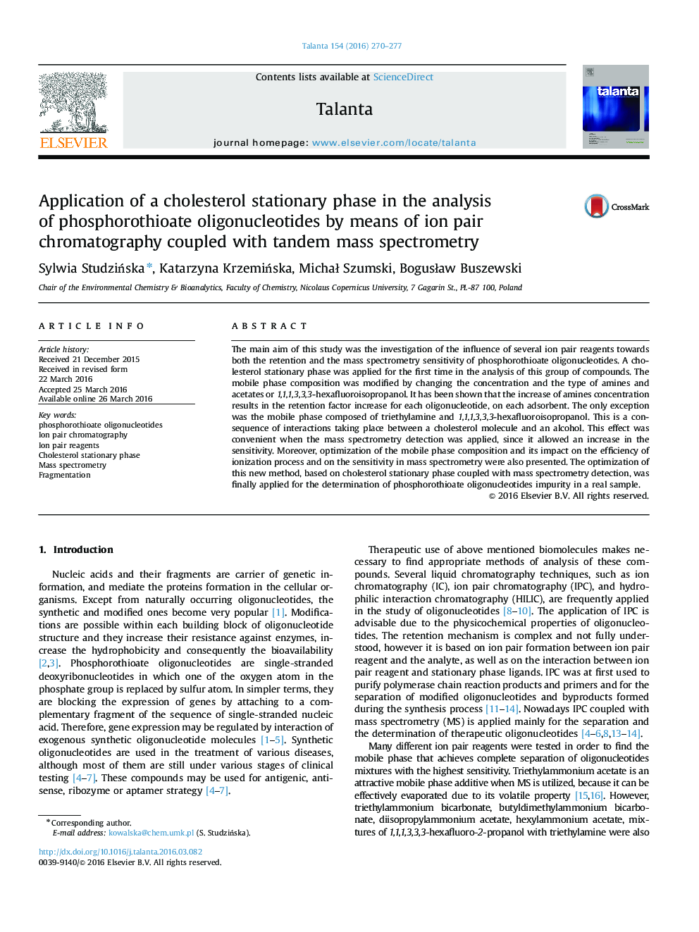 Application of a cholesterol stationary phase in the analysis of phosphorothioate oligonucleotides by means of ion pair chromatography coupled with tandem mass spectrometry